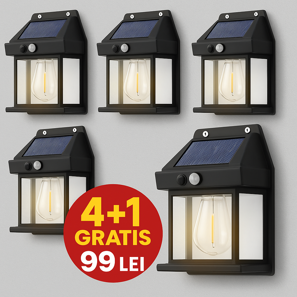 Set 4+1 GRATIS! Lămpi Solare de Perete LED Tip Felinar