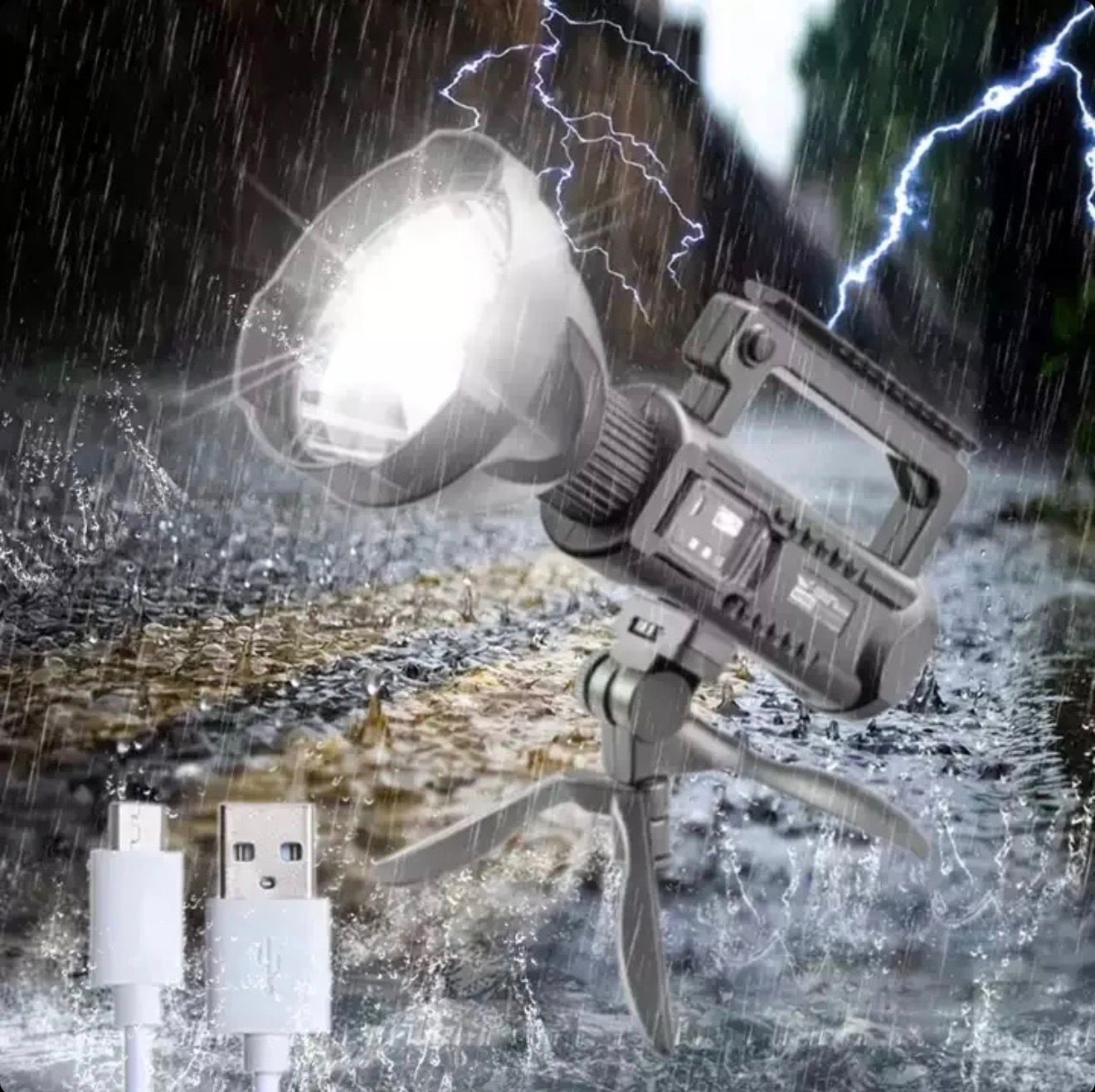 Lanterna LED Puternica 10W, PRO LIGHT 4, Baterie 1200mAh, 4 Moduri Iluminare, Incarcare USB, IPX5 Rezistenta la Apa, Trepied Inclus, Lumina Puternica pentru Camping, Pescuit si Urgente