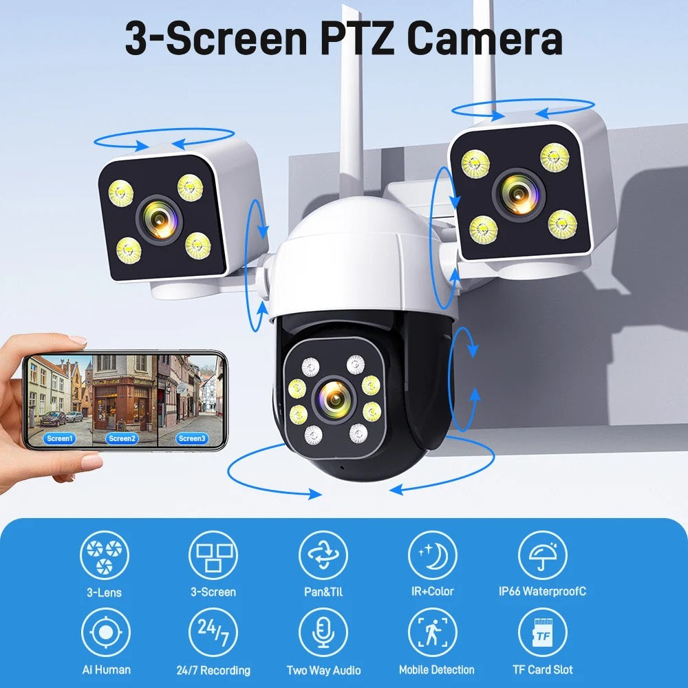 Camera de Supraveghere WIFI 5K, 12MP, 3 lentile, 3 ecrane, Control din telefon, Urmarire subiect, Microfon si difuzor incorporate