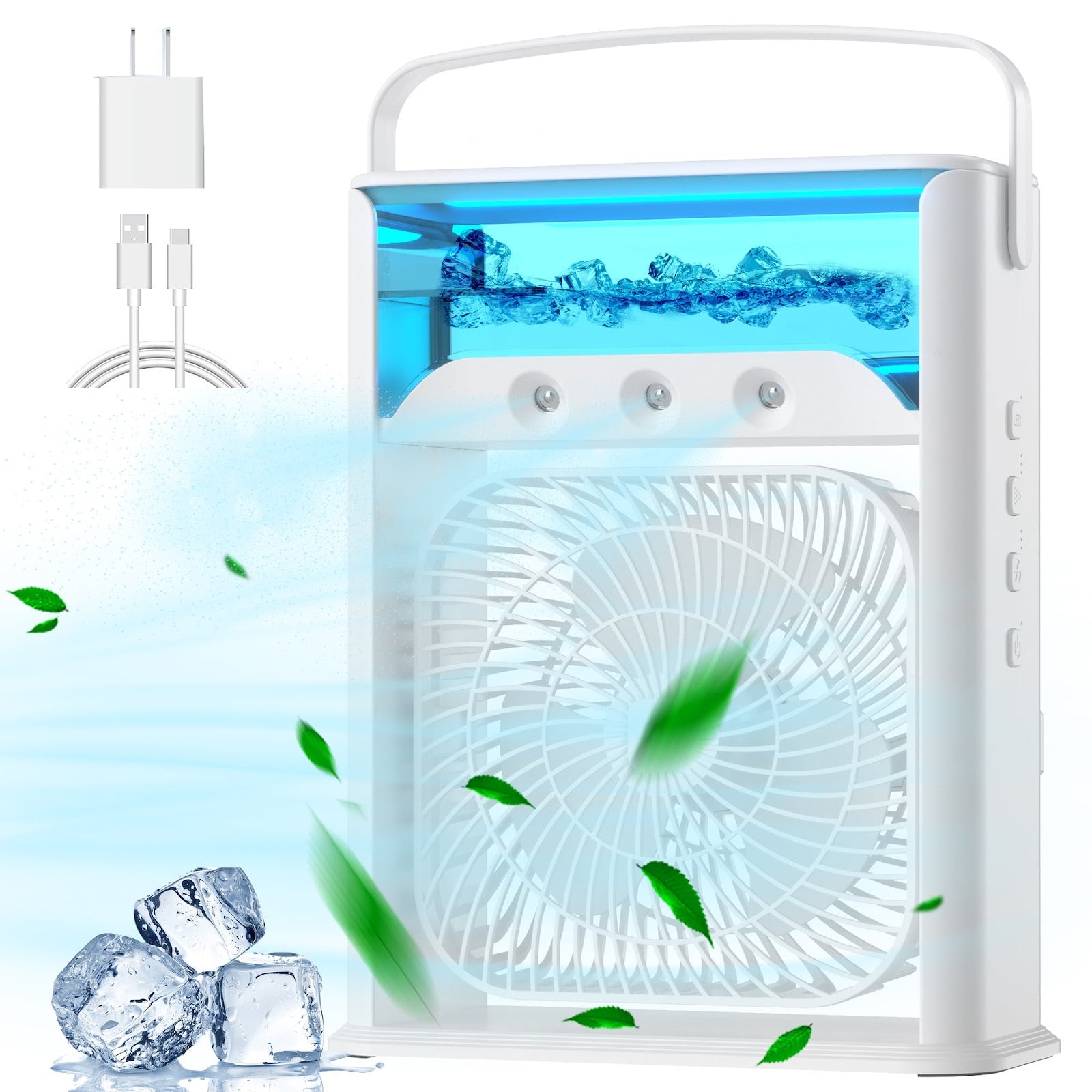 Ventilator portabil 3 in 1 cu pulverizare: racorire, umidificare si iluminare