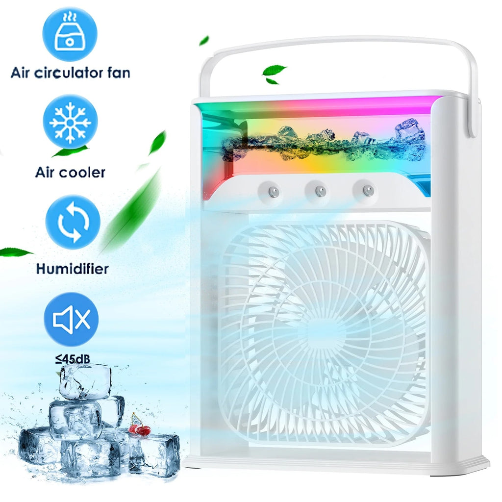 Ventilator portabil 3 in 1 cu pulverizare: racorire, umidificare si iluminare