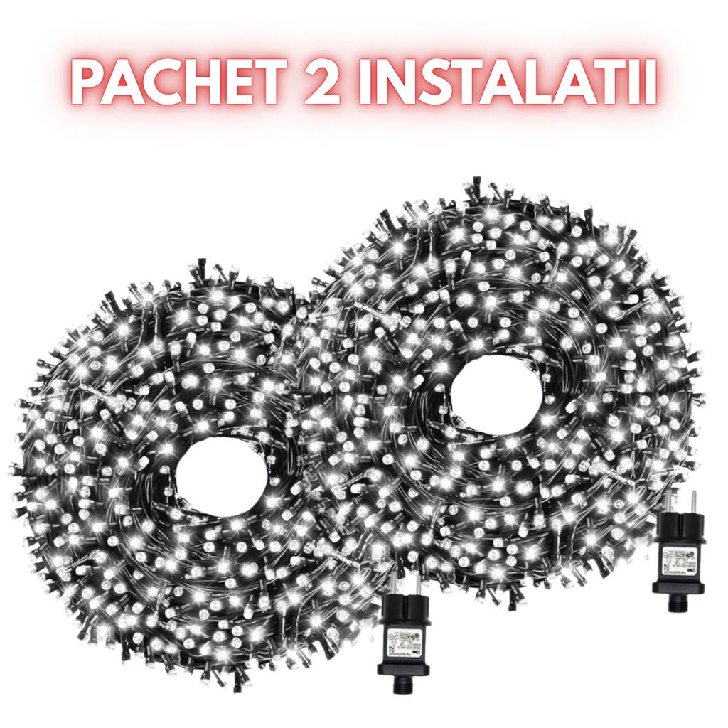 2BUC Instalatie De Craciun Liniara 9M, 200 LED -uri, Cu 8 jocuri de lumini, Pentru Exterior/Interior, Alb Rece