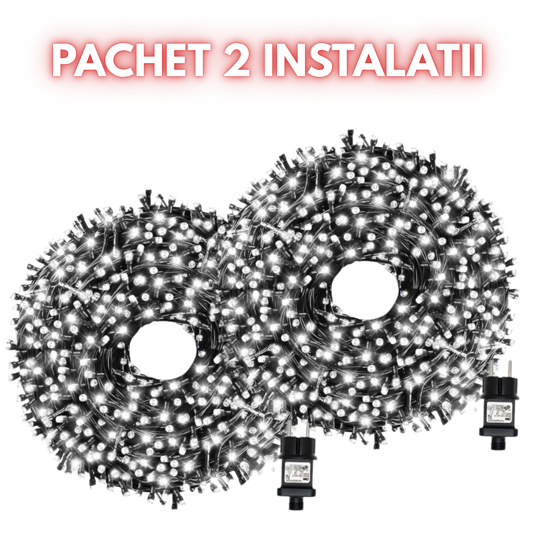 2BUC Instalatie De Craciun Liniara 9M, 200 LED -uri, Cu 8 jocuri de lumini, Pentru Exterior/Interior, Alb Rece