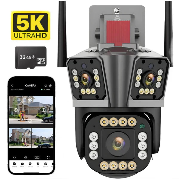 Camera de Supraveghere Tripla Wifi, Ultra Hd 5x Zoom, Rotire, Leduri