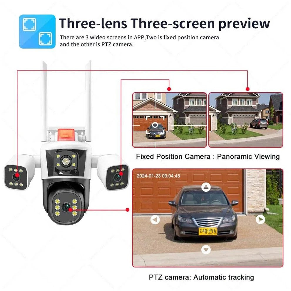 Camera de Supraveghere WIFI 5K, 12MP, 3 lentile, 3 ecrane, Control din telefon, Urmarire subiect, Microfon si difuzor incorporate
