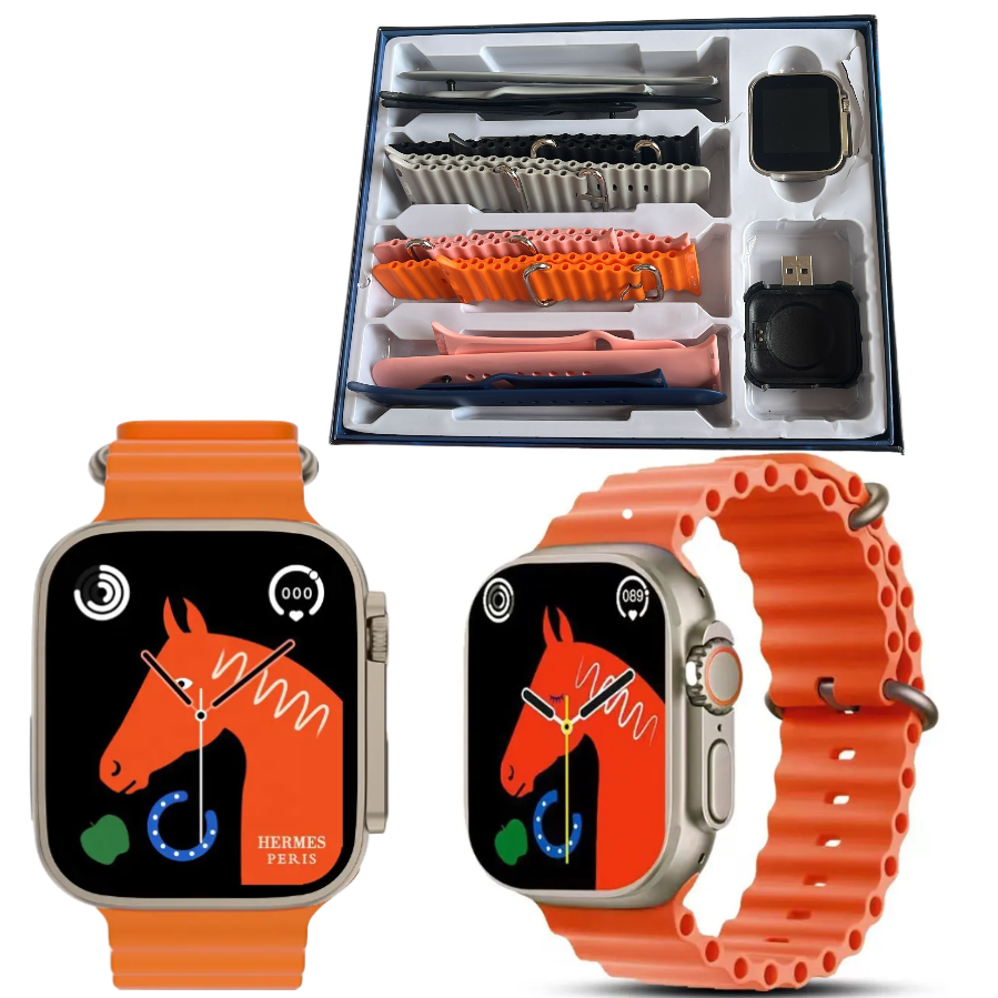 Pachet 1+1 Set Ceas Inteligent Ultra 8in1  Apeluri Bluetooth, Puls, Somn, GPS, Sport, Control Muzica, 500 Teme, Incarcare Inductiva, IP67