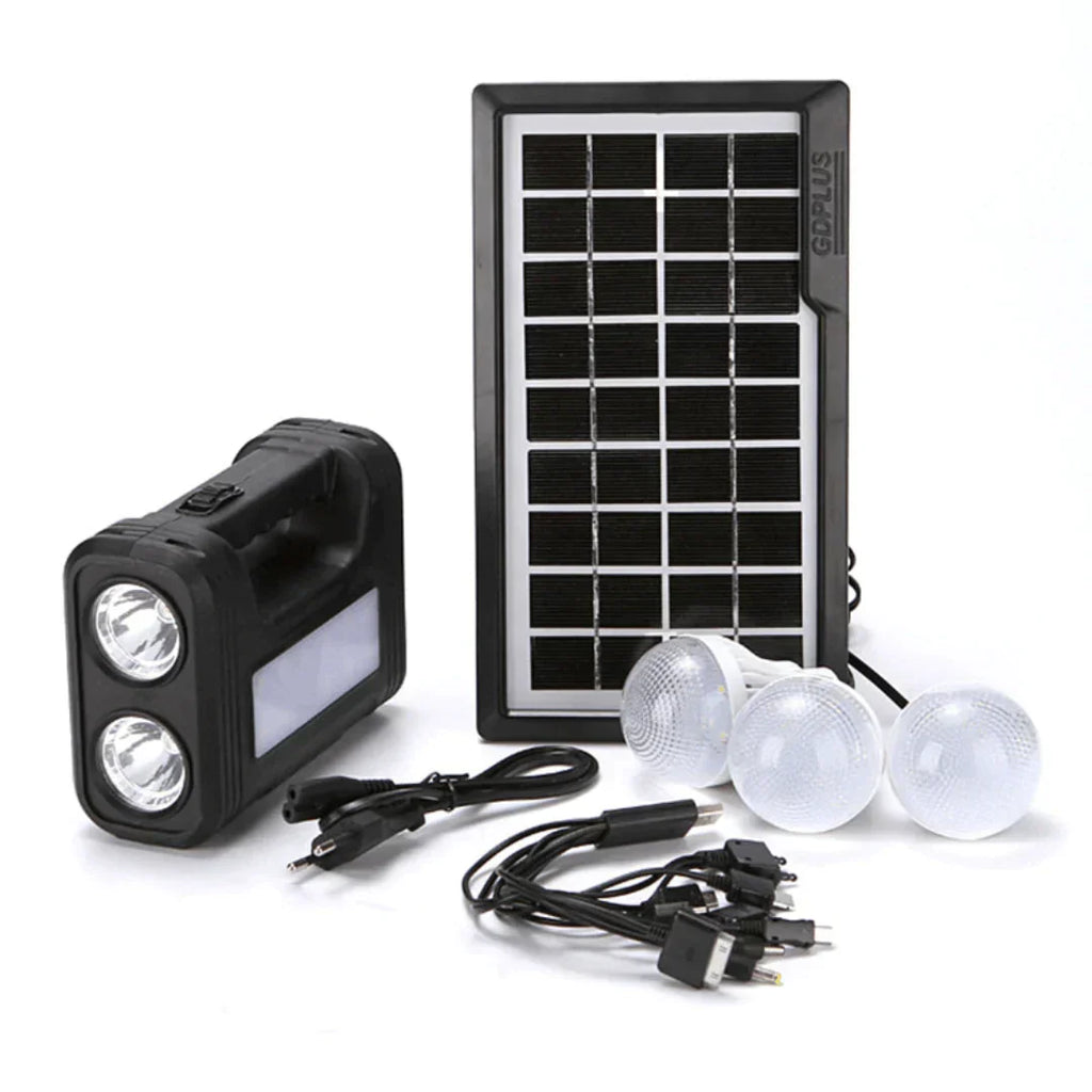 KIT Urgenta  Panou Solar Cu 3 Becuri, Incarcator USB Si Lanterna