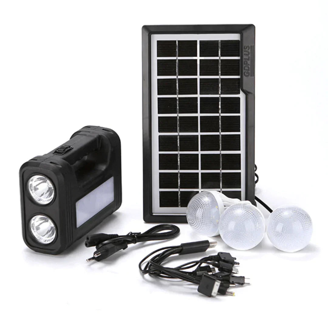 KIT Urgenta  Panou Solar Cu 3 Becuri, Incarcator USB Si Lanterna