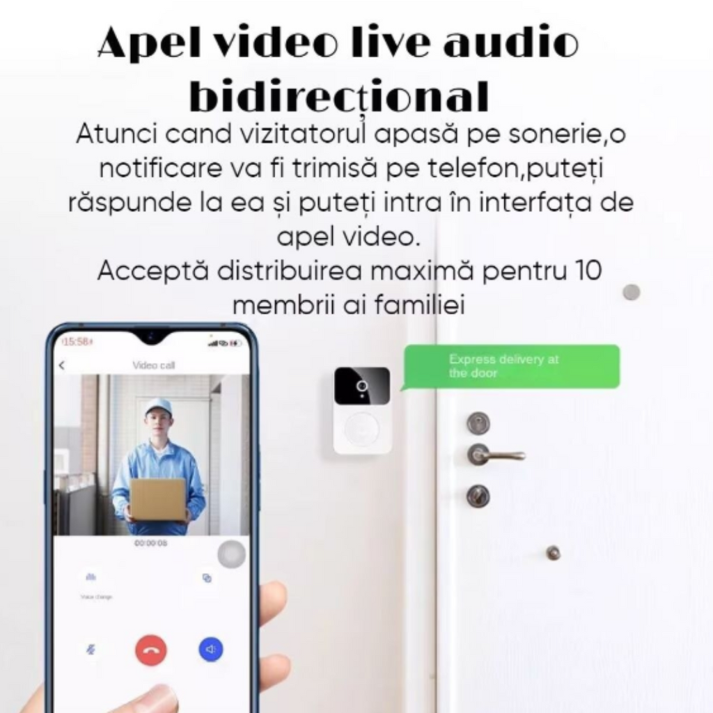 Sonerie Inteligenta cu Videointerfon, Apel Vocal, Incarcare USB - Compatibil IOS si Android, Control din aplicatie