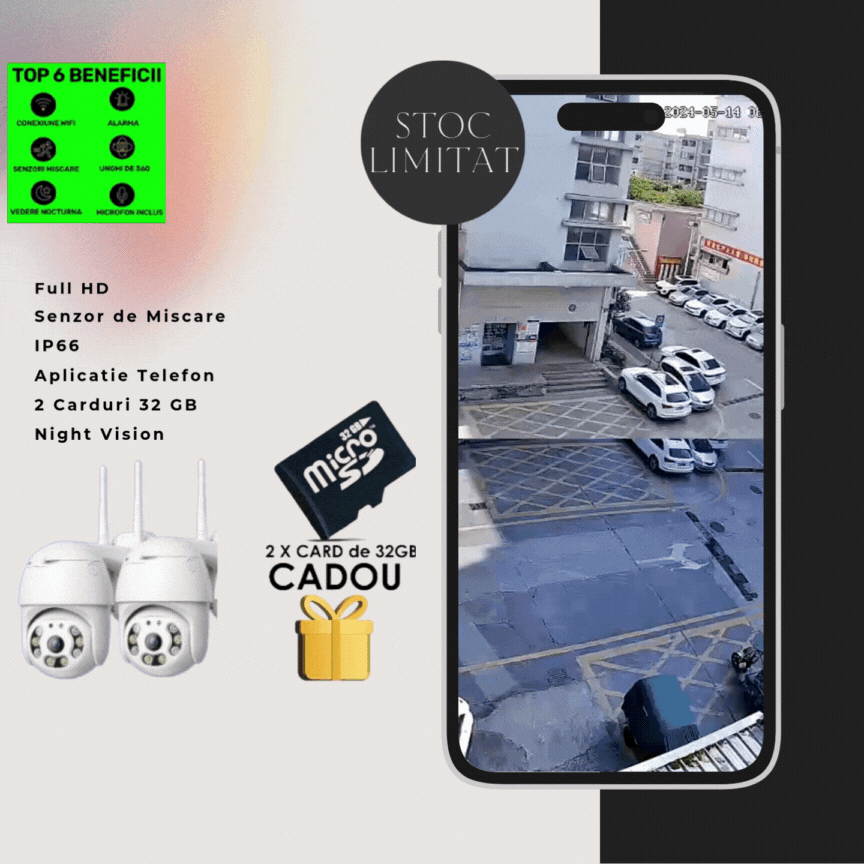 Set Promo: 2 Camere De Supraveghere Wifi Smart, Full HD, Senzor de Miscare, IP66, Aplicatie Telefon + 2 Carduri 64 GB