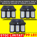 2+1 CADOU: Lampa solara de perete tripla, Senzor de miscare si 3 moduri iluminare