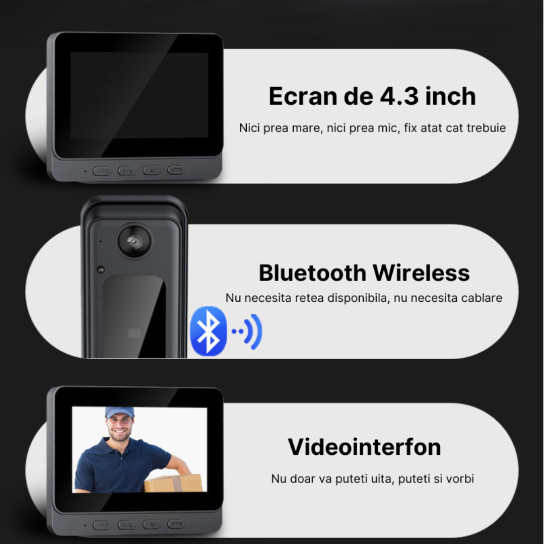 Sonerie video wireless cu monitor, Ecran IPS 4.3 inch, camera HD 1080P, Unghi de vizualizare 170°, intercom vizual, negru