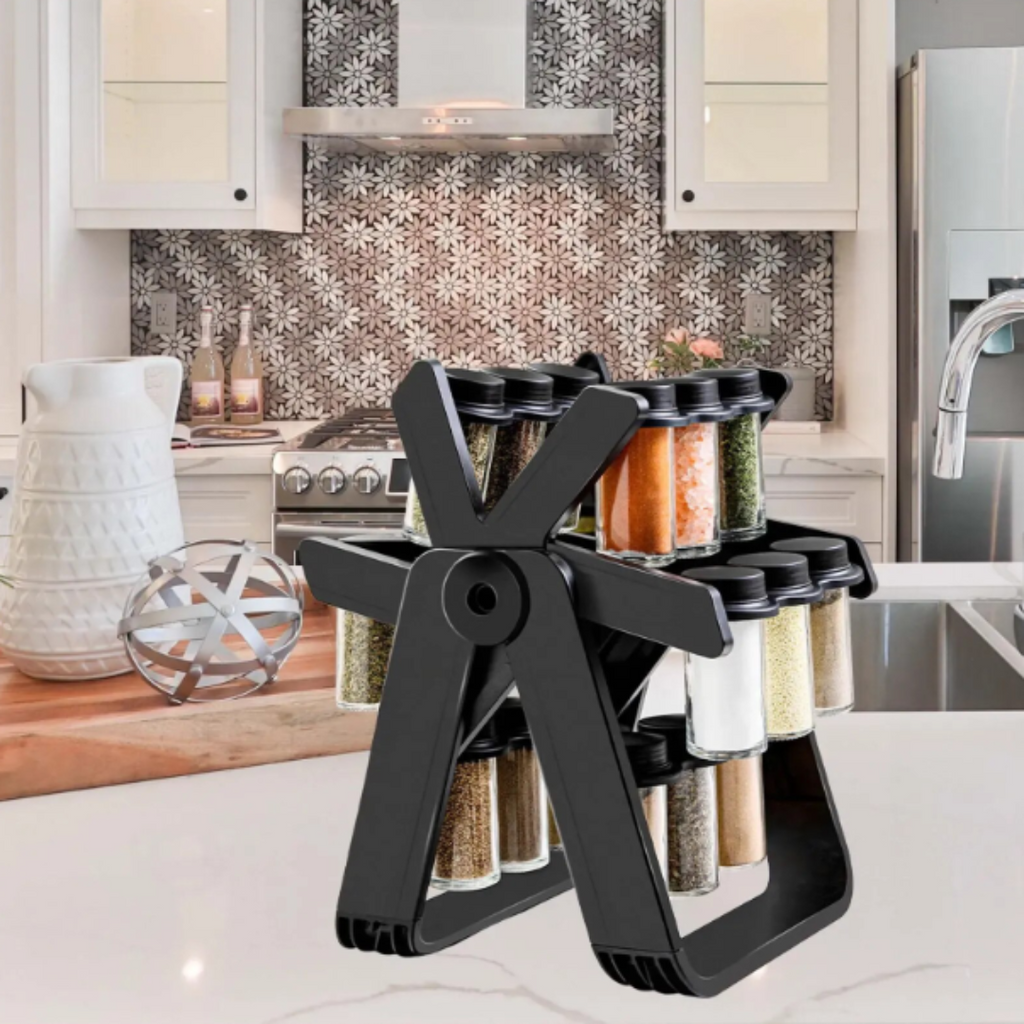 Organizator condimente, rotativ 360°, design elegant si functional, set cu 18 borcane, 29 × 21 × 25 cm