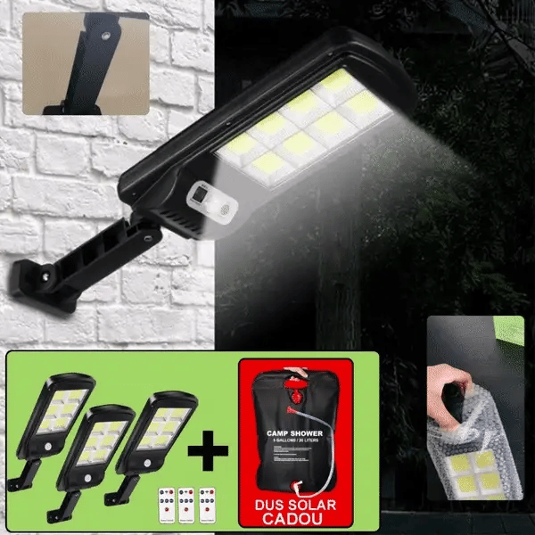 Set De 3 Lampi Solare, Cu Senzor De Miscare SI Telecomanda, 300W + CADOU Dus Solar 20 Litri