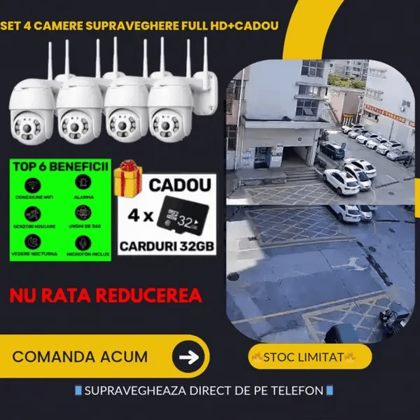 Set Promo: 4 Camere De Supraveghere Wifi Smart, Full HD, Senzor de Miscare, IP66, Aplicatie Telefon + 4 Carduri 64 GB