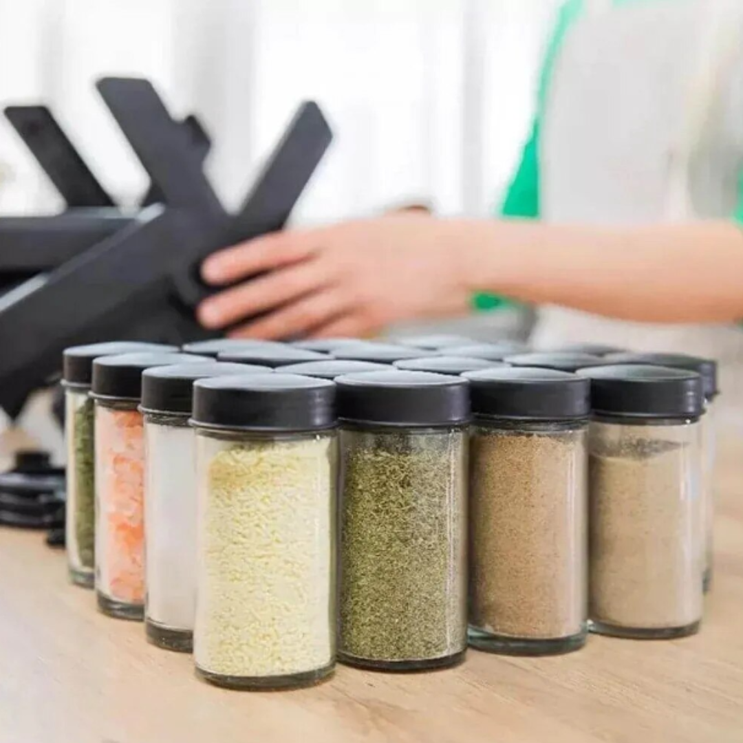 Organizator condimente, rotativ 360°, design elegant si functional, set cu 18 borcane, 29 × 21 × 25 cm