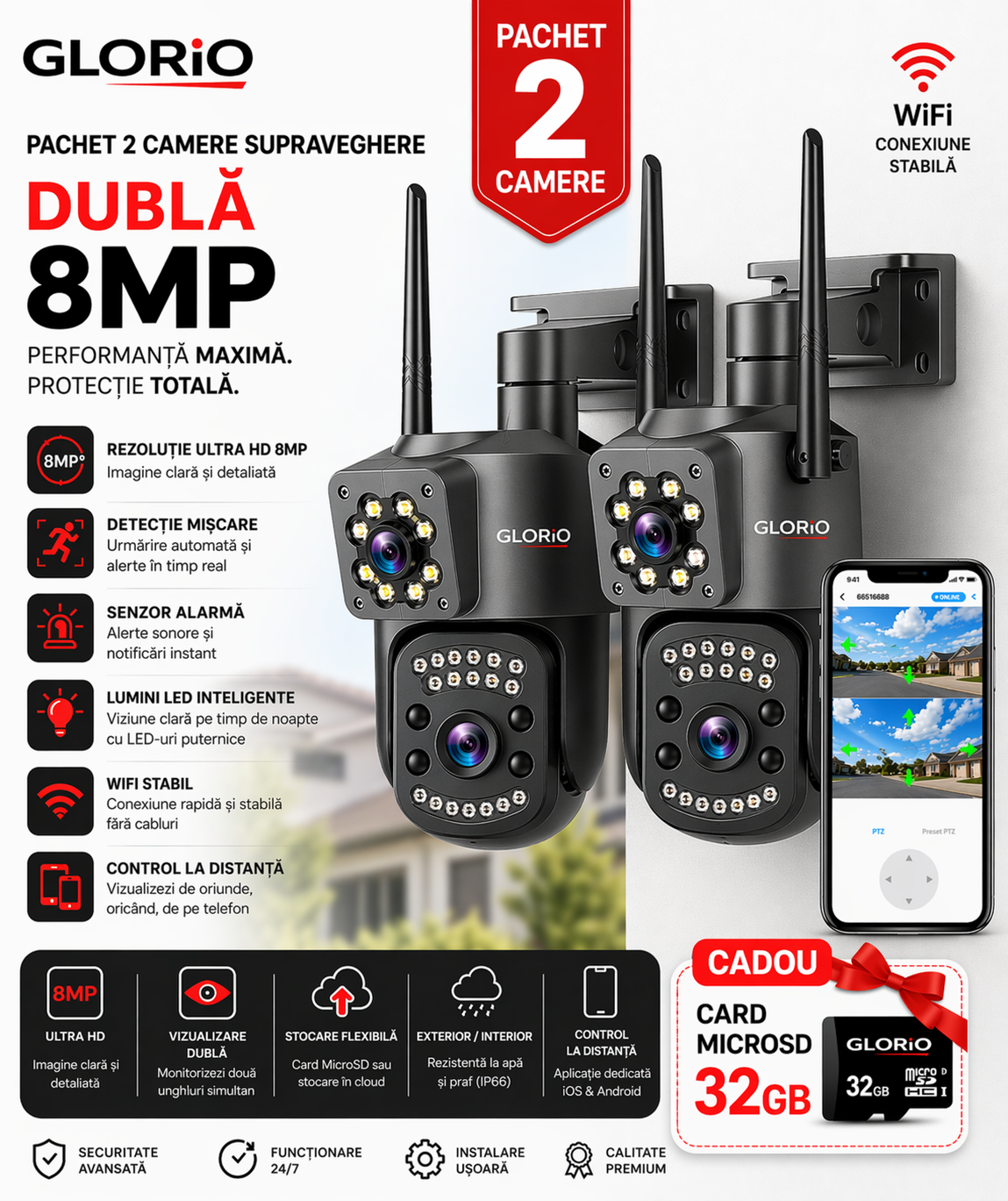 Pachet 2 Camere Supraveghere Duale Glorio 8MP WiFI – Protecție Totală și Tehnologie Ultra HD + 2 CARDURI CADOU
