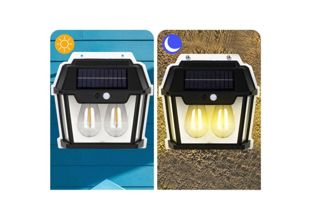 Lampa Solara de Perete LED Tip Felinar Dublu, senzor de miscare 5-8 metri, fara fir, 3 moduri de iluminare, protectie IP65, Waterproof, exterior, negru