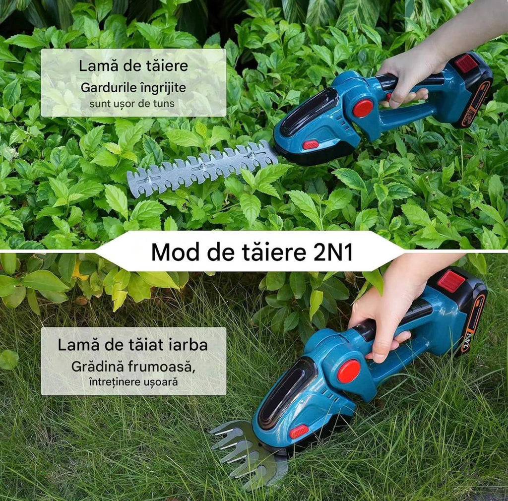 Masina de Tuns Gard Viu Fara Fir 2 in 1, GARDENICA PRO ,2 Baterii 48V, Unghi Reglabil 45°, Usoara si Multifunctionala pentru Gard Viu si Iarba