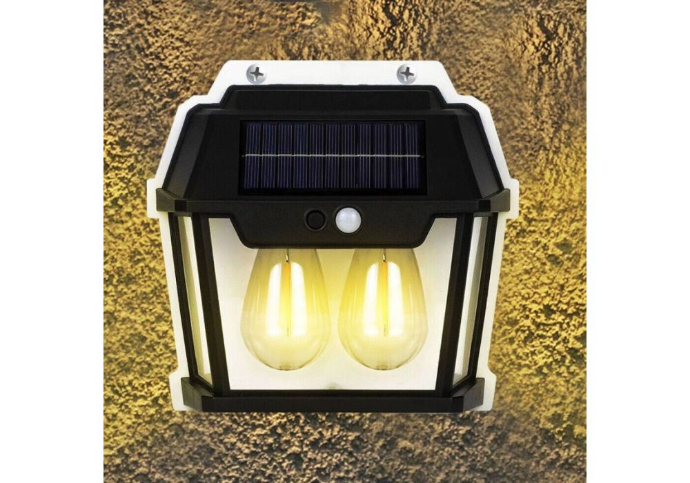 Lampa Solara de Perete LED Tip Felinar Dublu, senzor de miscare 5-8 metri, fara fir, 3 moduri de iluminare, protectie IP65, Waterproof, exterior, negru
