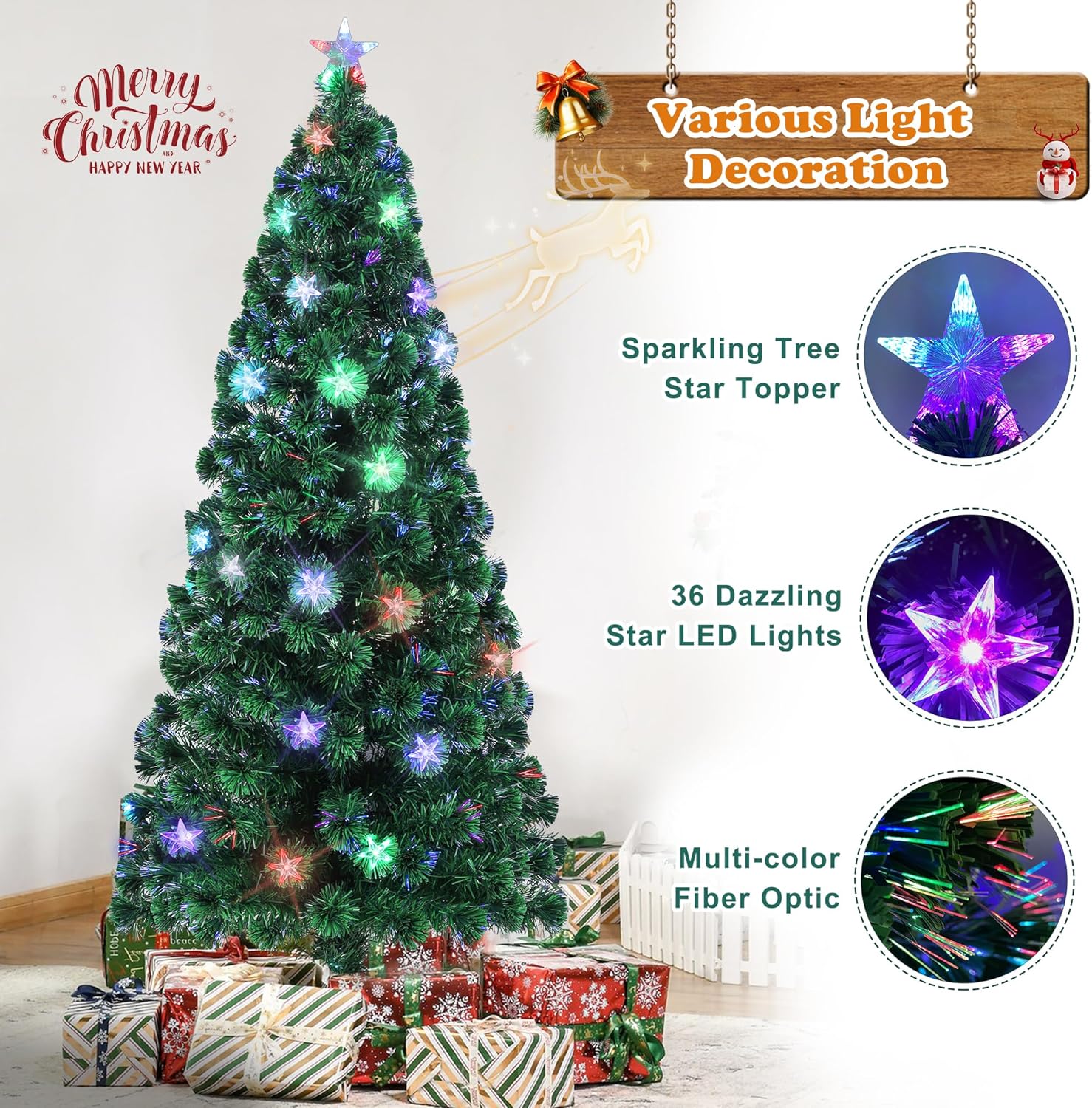 Brad de Lux cu fibra optica,220cm, aspect nins, 2000 pini si 150 leduri multicolore + STEA de varf CADOU! - MAGIA CRACIUNULUI IN CASA TA