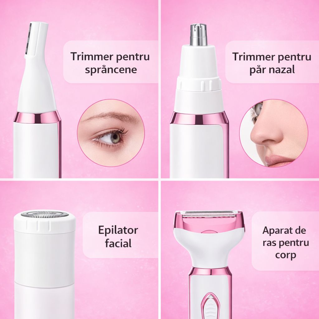 Epilator 4 in 1 pentru Fata si Corp: Reincarcabil USB 4 Capete Interschimbabile