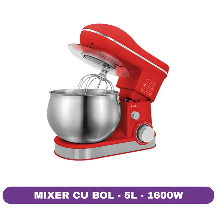 Mixer cu Stativ Profesional RAF R.6616W – Putere 1600W și Bol 5L Inox