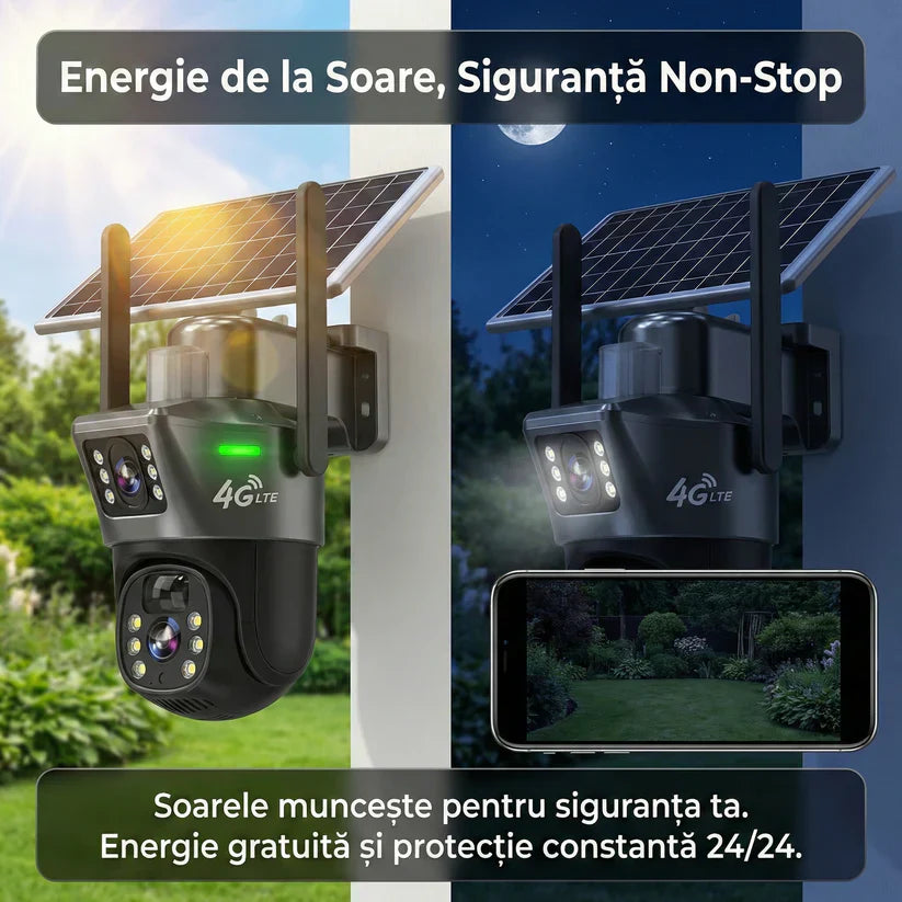 Camera Supraveghere Dual Lens VISURON™ 4K 8MP, 4G SIM / Vedere Nocturnă Color, Urmărire AI, V380 Pro, Negru