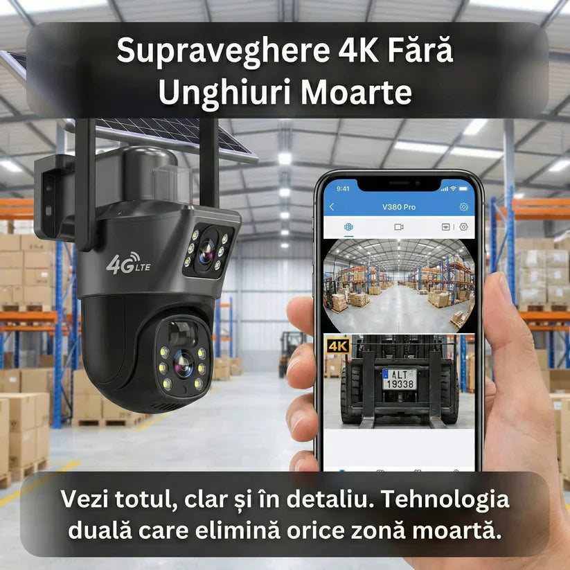 Camera Supraveghere Dual Lens VISURON™ 4K 8MP, 4G SIM / Vedere Nocturnă Color, Urmărire AI, V380 Pro, Negru