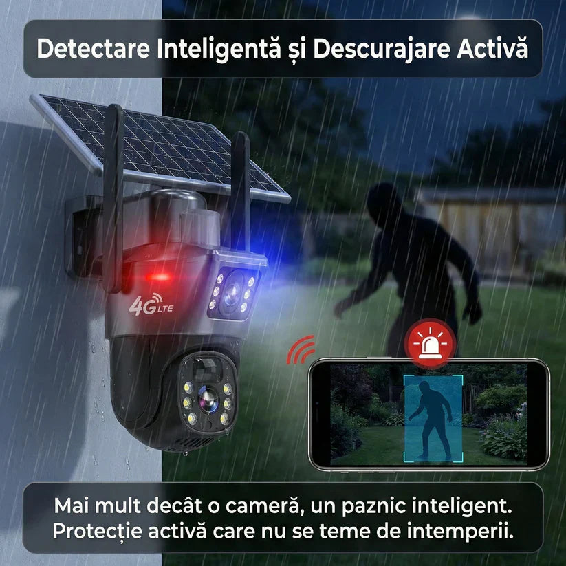 Camera Supraveghere Dual Lens VISURON™ 4K 8MP, 4G SIM / Vedere Nocturnă Color, Urmărire AI, V380 Pro, Negru