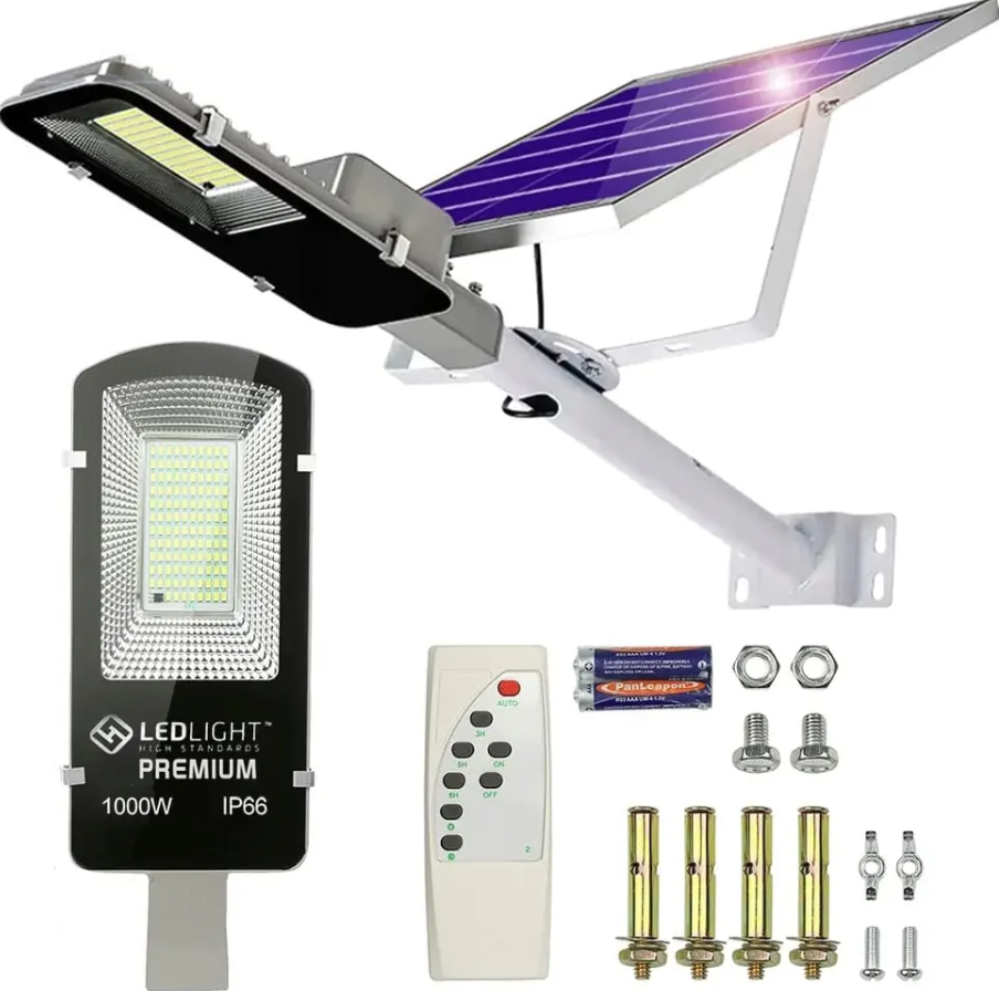 Lampă solară puternică, senzor crepuscular, telecomandă, 1000W