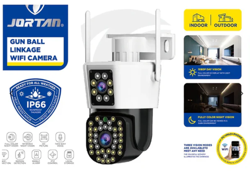 Camera Duala WiFi Jortan – 6MP, Full HD 4K, LAN/WiFi cu Alarma, Detectare Umana, Recunoastere Faciala