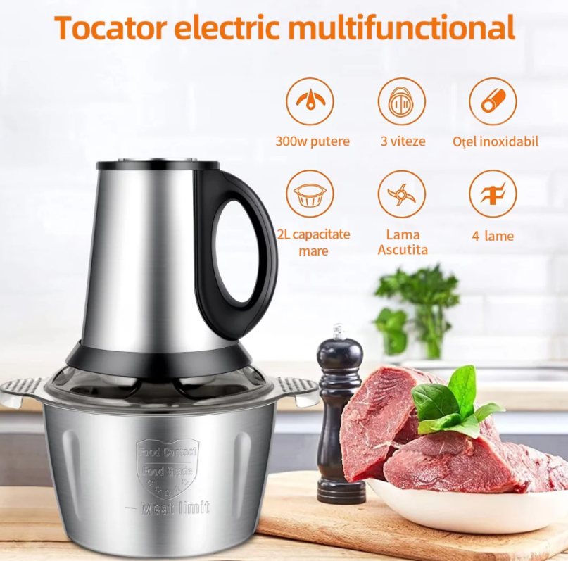 Tocator electric carne si legume, 4 lame inox, 2 viteze, capacitate mare, bol inox