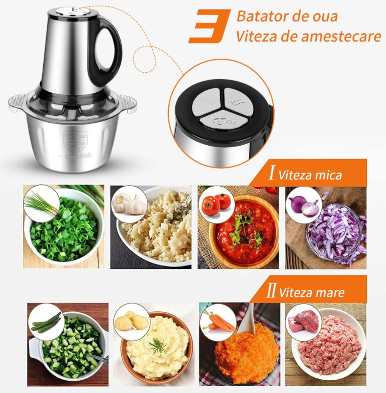 Tocator electric carne si legume, 4 lame inox, 2 viteze, capacitate mare, bol inox
