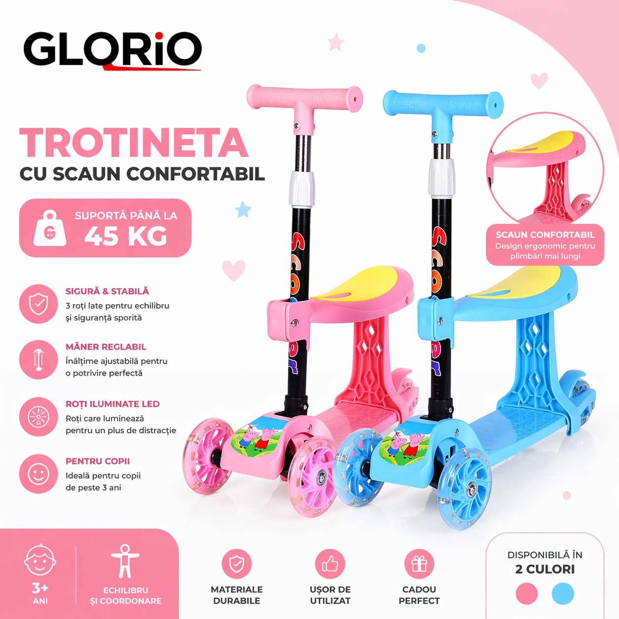 Trotinetă GLORiO 2-în-1: Confort, Siguranță și Distracție pe 3 Roți!