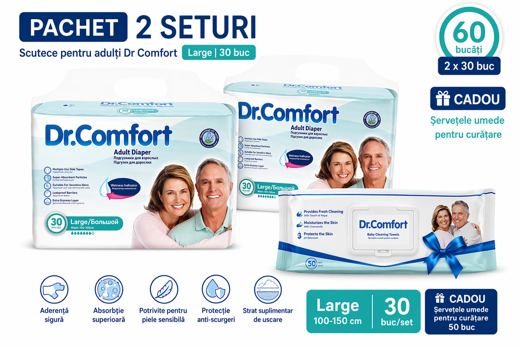 Set 4 Baxuri Scutece Dr. Comfort pentru Adulți ( 120 bucati ) + CADOU 2 Pachete Șervețele Umede