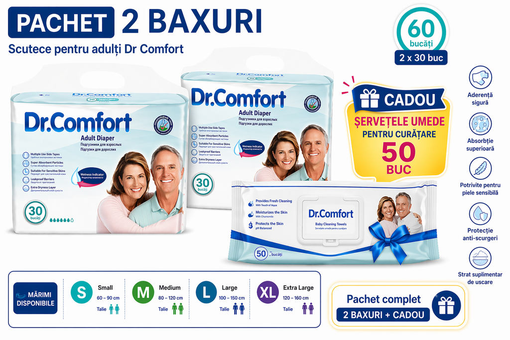 Pachet Promoțional: 2 BAXURI Scutece Adulți Dr. Comfort –  60 bucăți + cadou Servetele