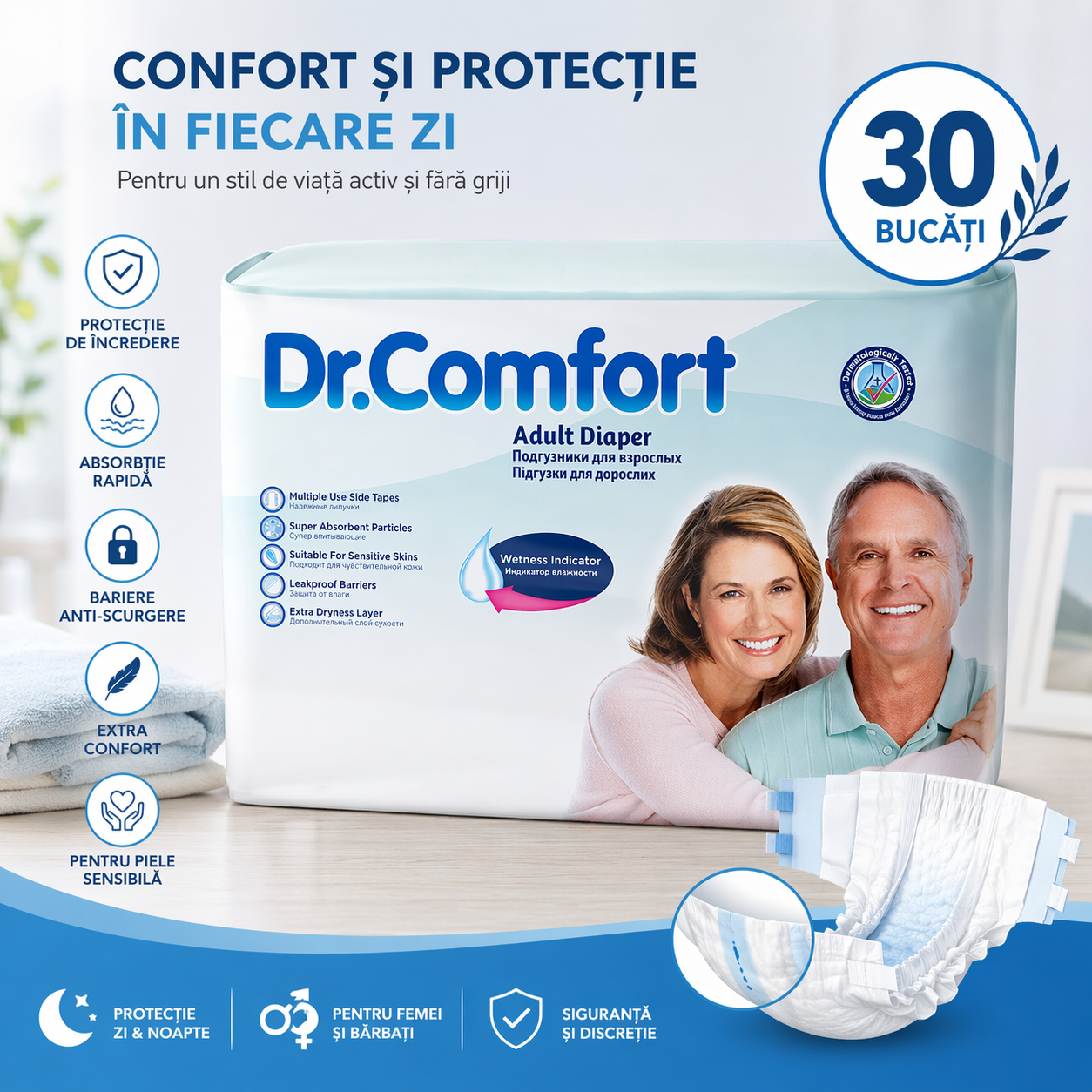 30 Bucati Scutece Adulti Dr. Comfort – Libertate, Confort și Protecție Superioară în Fiecare Zi