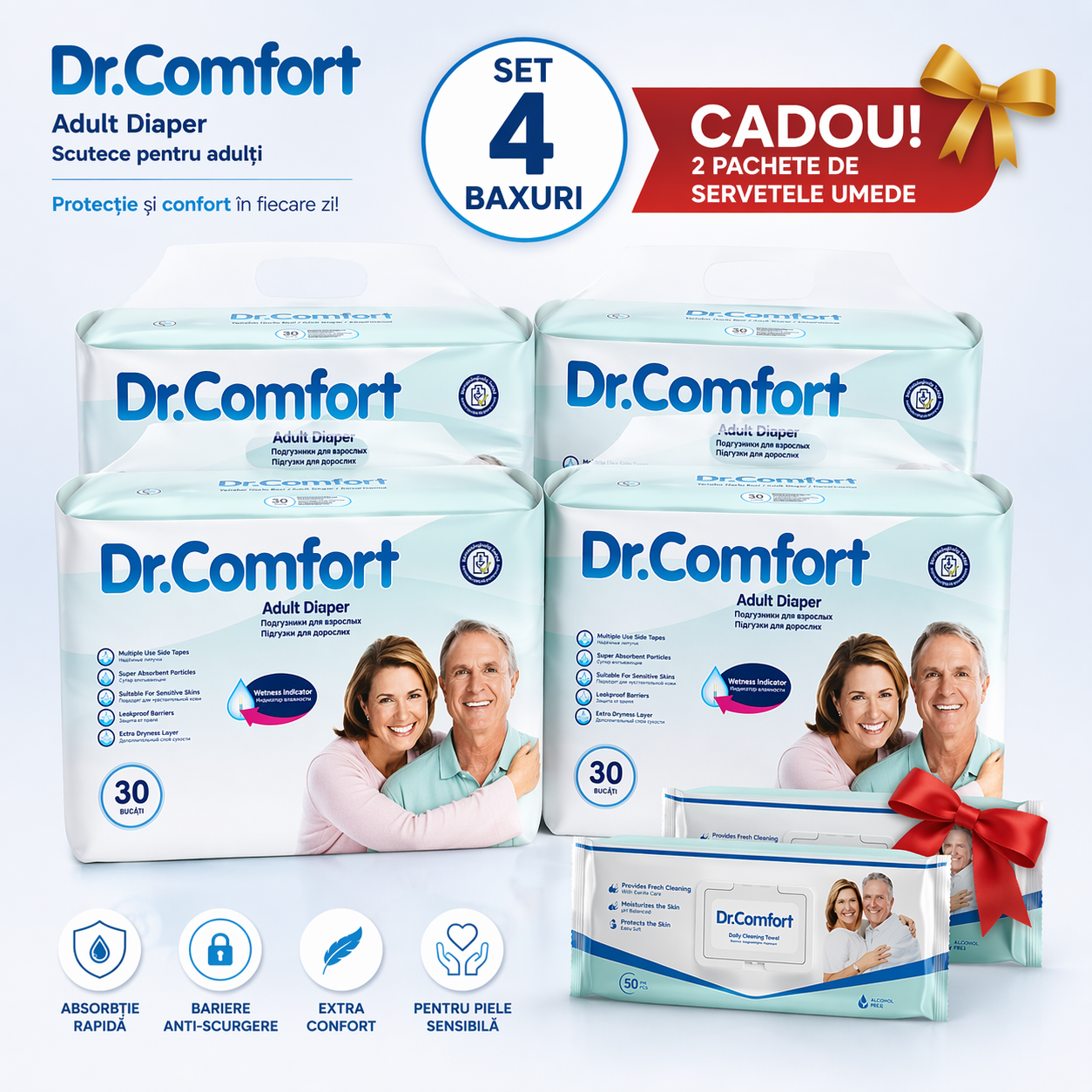 Set 4 Baxuri Scutece Dr. Comfort pentru Adulți ( 120 bucati ) + CADOU 2 Pachete Șervețele Umede