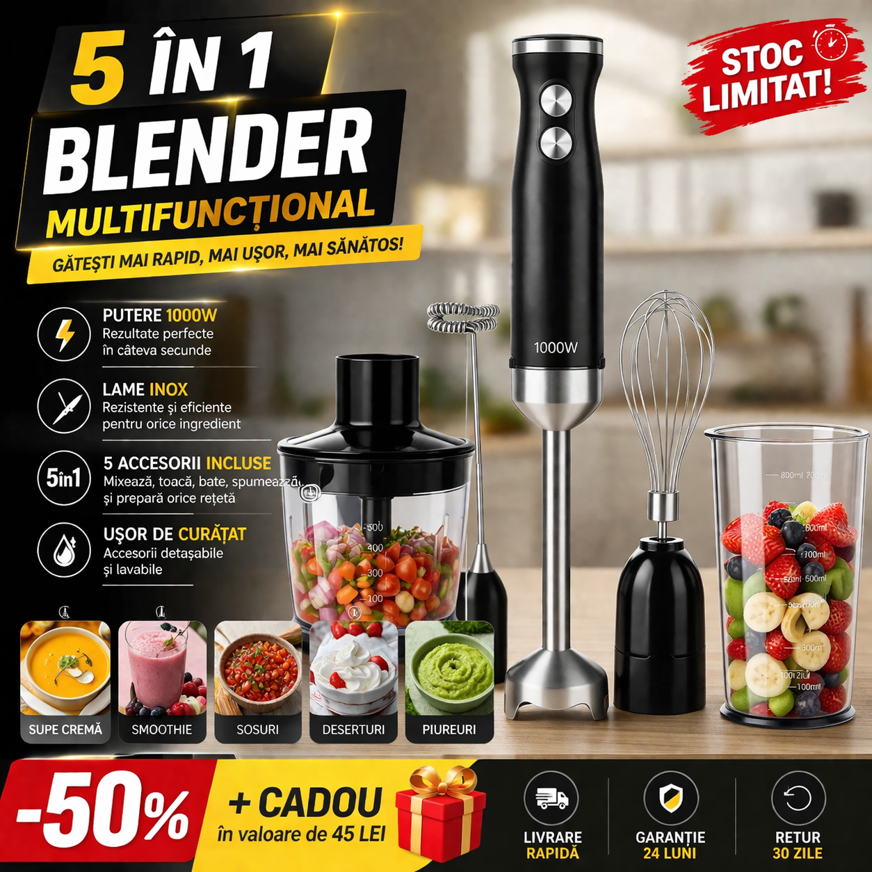 Set Blender Vertical 5-în-1 cu Lame din Oțel și Funcții de Măcinare, Tocare etc. (800W-1000w )