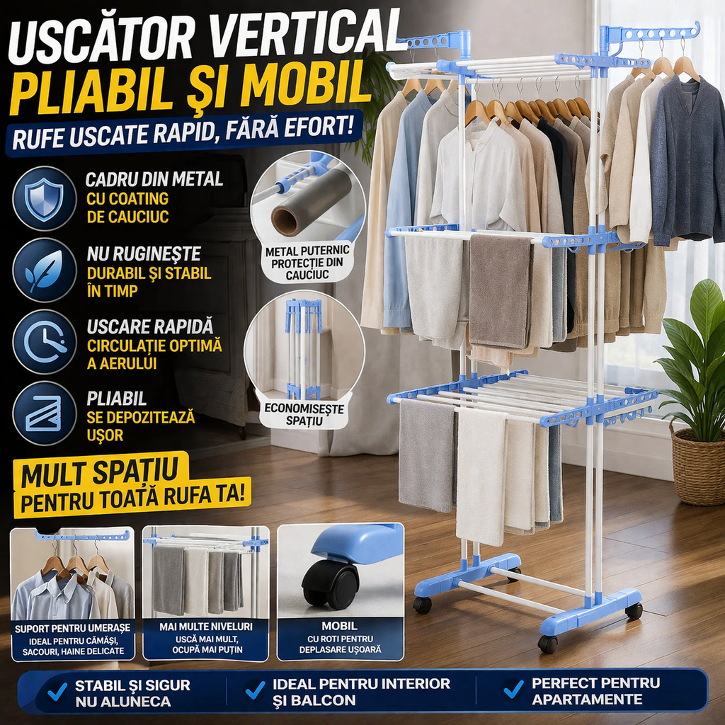 Uscator vertical 3 nivele mobil si pliabil pentru rufe, cu suport umerase