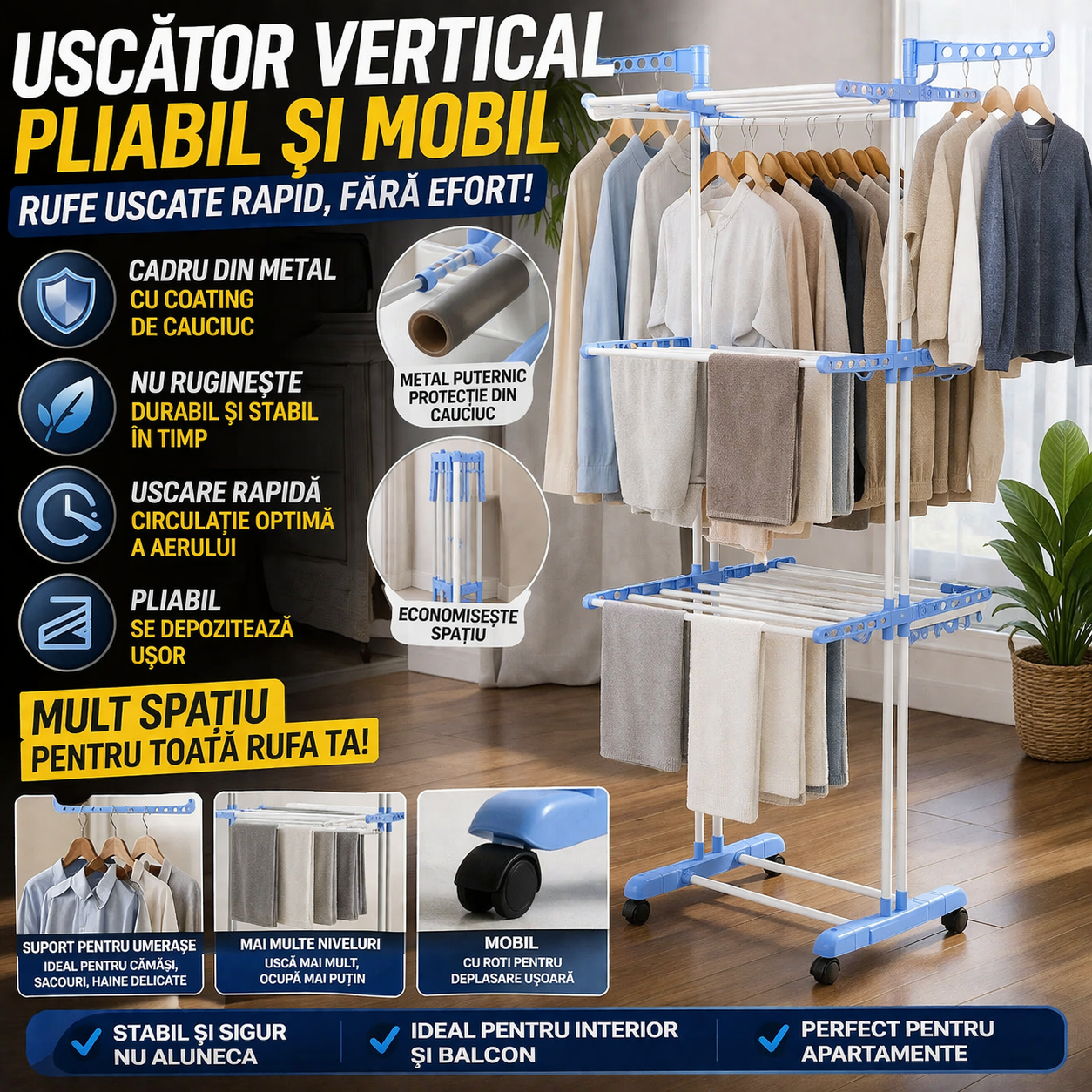 Uscator vertical 3 nivele mobil si pliabil pentru rufe, cu suport umerase