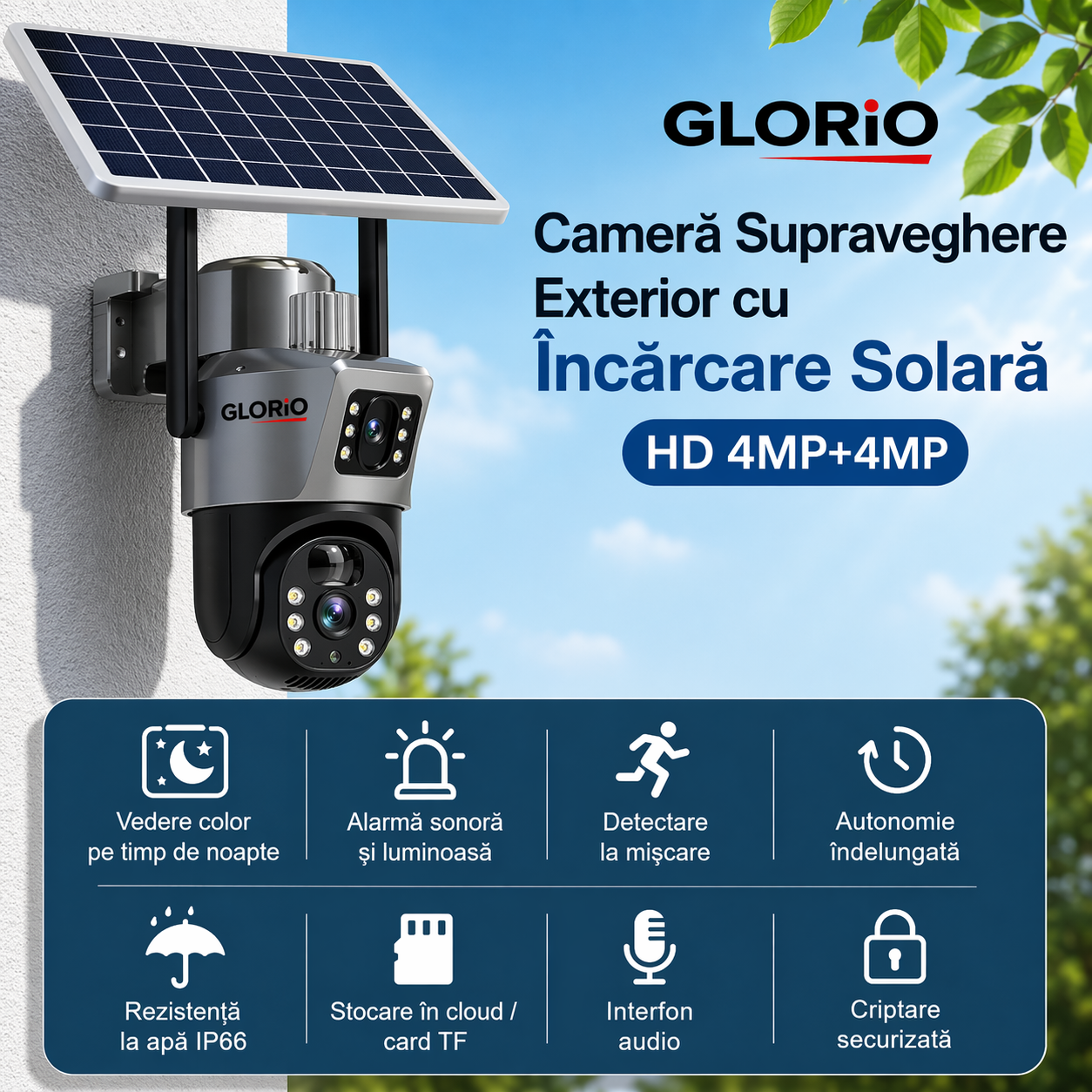 Cameră Supraveghere Duală GLORIO – Wi-Fi, 4K Ultra HD, Panou Solar + CARD 64GB CADOU