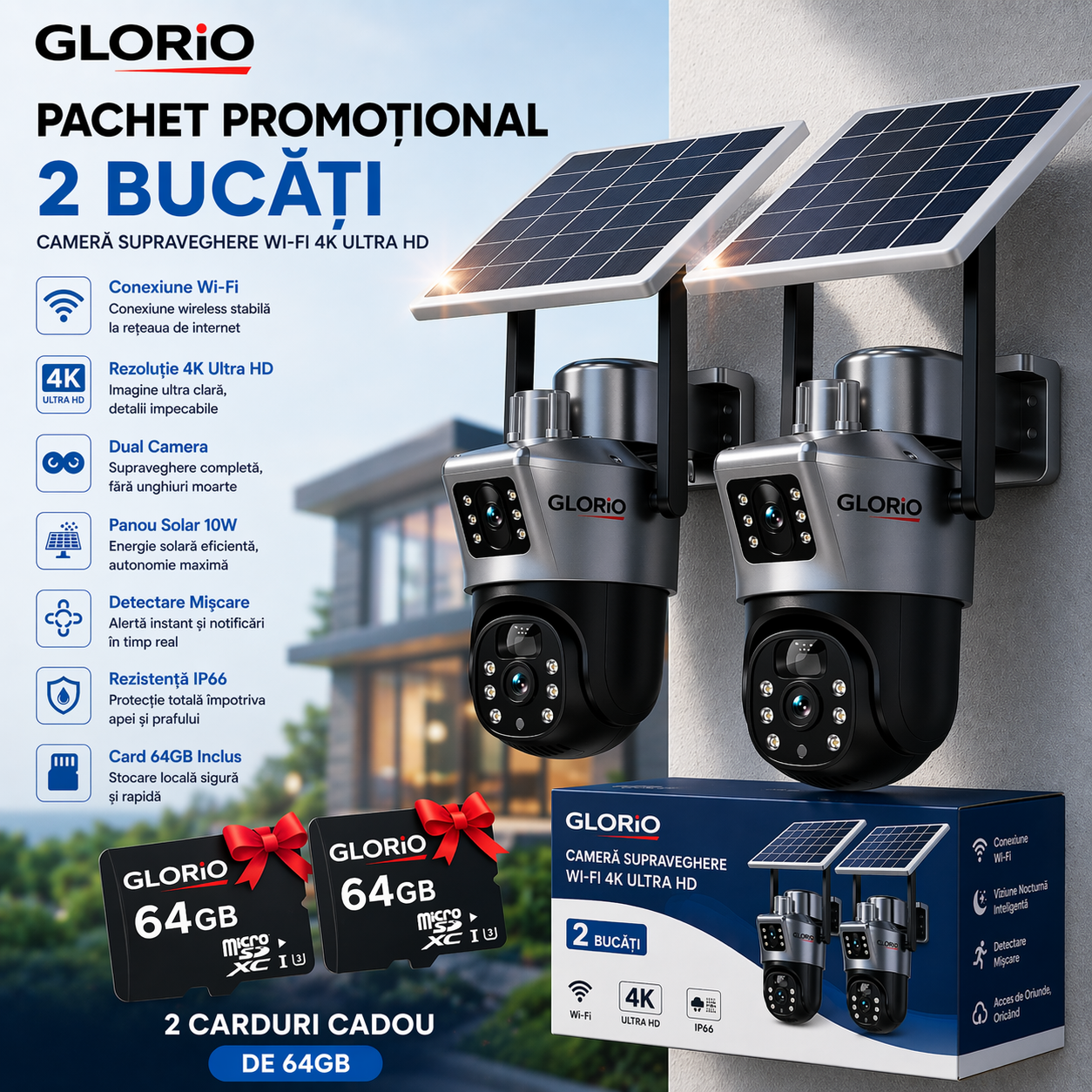 Pachet Dublă Protecție: Set 2 Camere Supraveghere GLORIO – Wi-Fi, 4K Ultra HD + 2 CARDURI 64GB CADOU