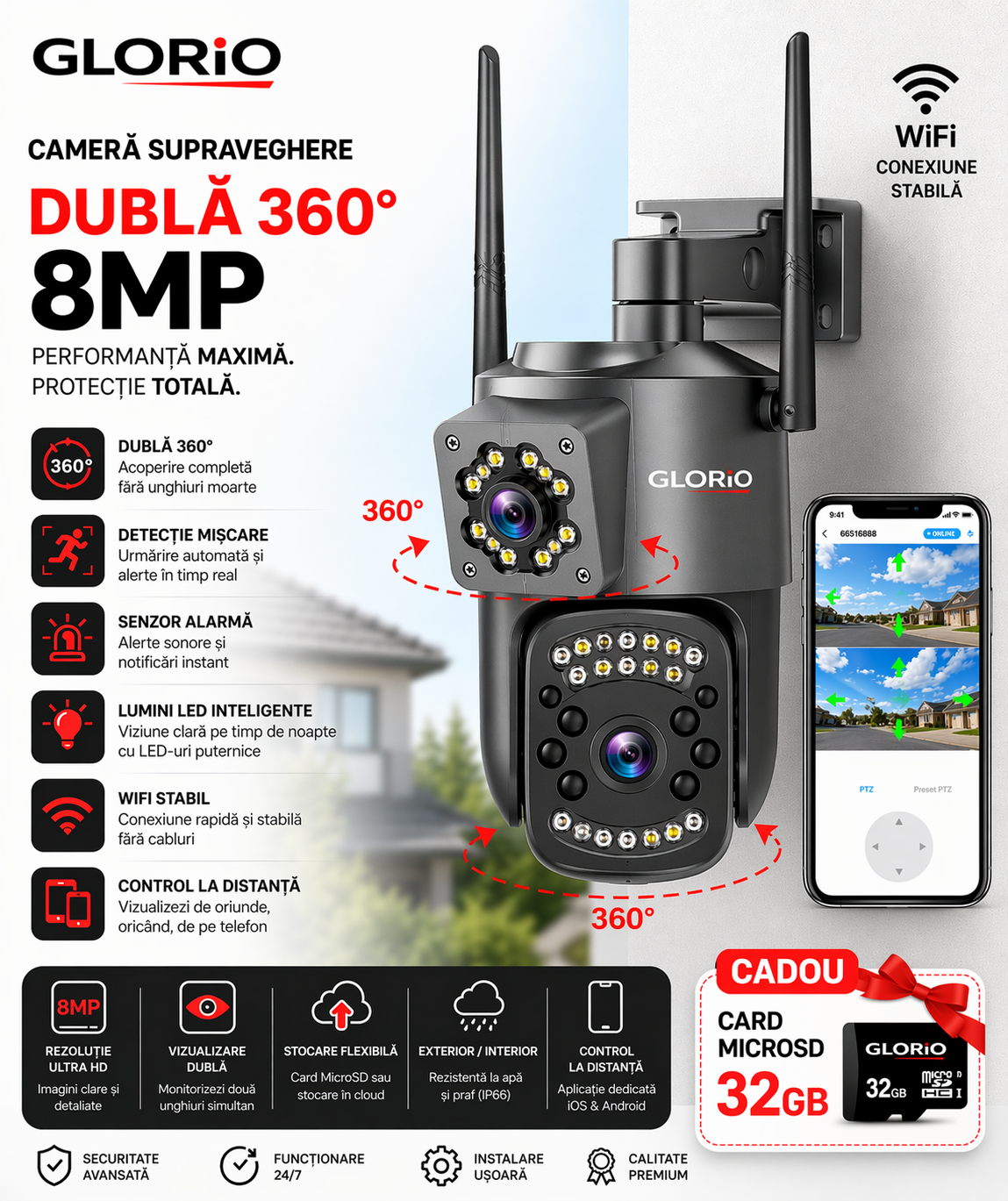 Cameră Supraveghere Duală Glorio 8MP WIFI – Tehnologie Avansată de Monitorizare într-un Singur Dispozitiv