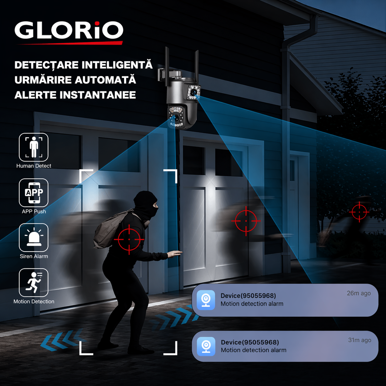 Pachet: 2 Camere Supraveghere Glorio 8MP 4G – Libertate Totală, Conexiune stabila 4G, rezistenta la Apa IP66, Alarma Sonora si Luminoasa, Comunicare Bidirectioanal, Seonzor de miscare, Vede si noaptea