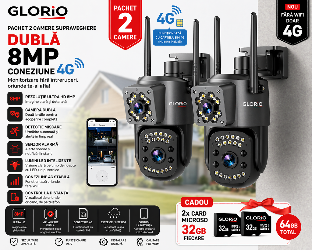 Pachet: 2 Camere Supraveghere Glorio 8MP 4G – Libertate Totală, Conexiune stabila 4G, rezistenta la Apa IP66, Alarma Sonora si Luminoasa, Comunicare Bidirectioanal, Seonzor de miscare, Vede si noaptea