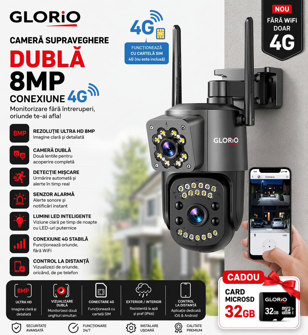 Camere Supraveghere Glorio 8MP 4G – Libertate Totală, Conexiune stabila 4G, rezistenta la Apa IP66, Alarma Sonora si Luminoasa, Comunicare Bidirectioanal, Seonzor de miscare, Vede si noaptea