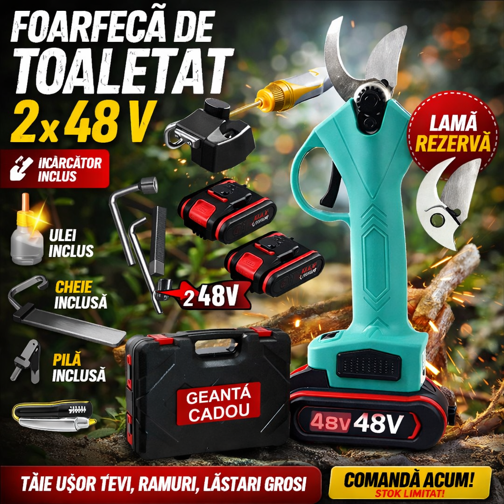 Foarfeca Electrica De Gradina , Cu 2 Acumulatori De 48V Acesorii complete , Geanta De Transport Inclusa