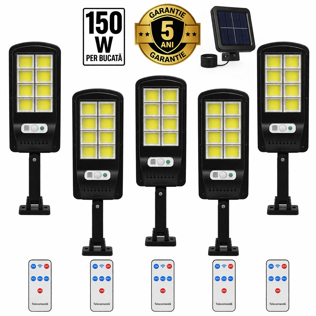 Set 5 Lampi LED Solare 150W COB 160 LED-uri cu Senzor de Mișcare, Autonomie 12-14 ore, IP65